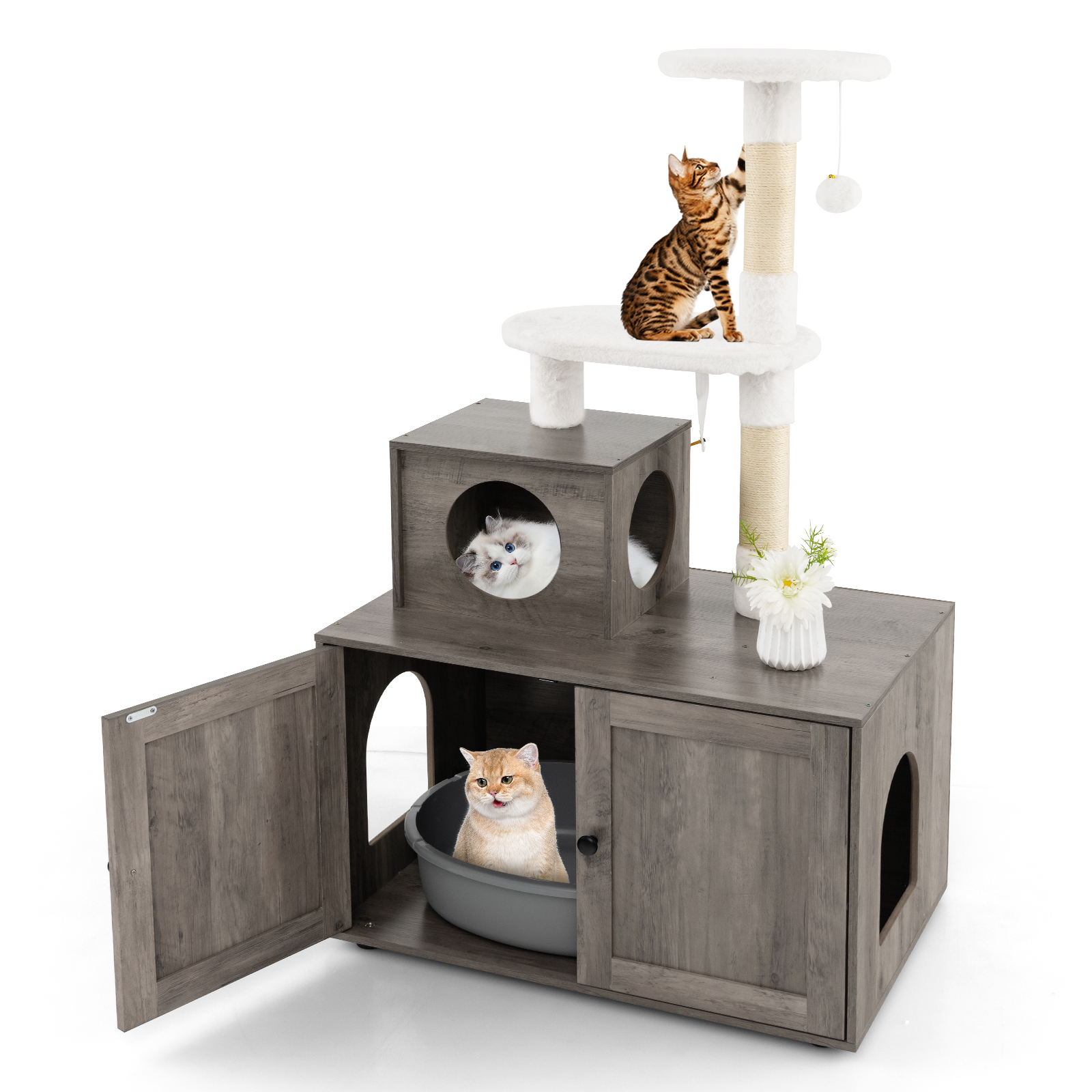 Costway 2-in-1 Wooden Litter Box Enclosure with Cat Tree Hidden Washroom Furniture Gray
