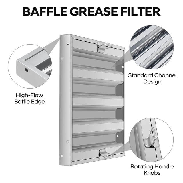 Contrôle de Graisse Robuste – Filtre de Déflecteur de Hotte de Cuisinière Commerciale – Acier Inoxydable 430 – 4 Rainures, Va au Lave-Vaisselle, Résistant à la Rouille – pour Système d'Évacuation de Restaurant – Lot de 5, 19.5x24.5x1.9 Po