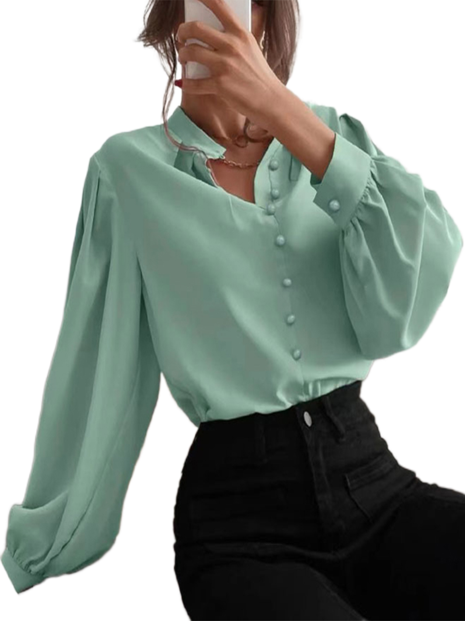 LUXUR Ladies Long Sleeve Tops Loose Work Shirts Green S