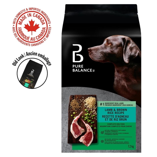 Pure Balance Lamb & Brown Rice Recipe Dry Dog Food 7.2 kg bag with a brown dog profile on black packaging, featuring raw lamb chops, brown rice, peas, and grains on a wooden board, highlighting real lamb as the first ingredient, natural vitamins and minerals, no fillers, supporting healthy digestion and lean muscle.