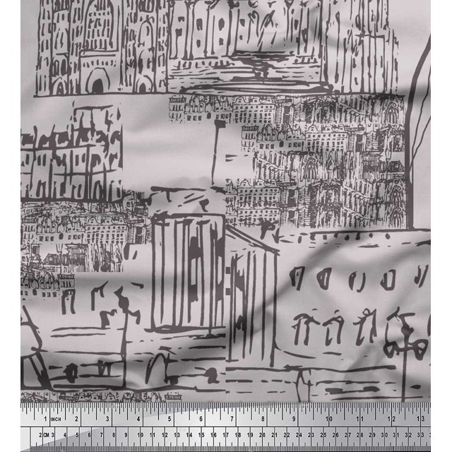 Soimoi Grey Rayon Fabric London Theme Architectural Printed Fabric 1 Yard 42 Inch Wide