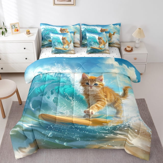 YST Cute Cat Bedding Set, Ocean Theme Comforter Set, 7-Piece, Tropical Beach, Twin