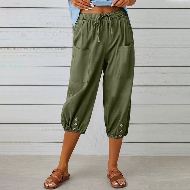 DPTALR Women Summer Casual Loose Bandage Button Pocket Solid Trousers Capris Pants
