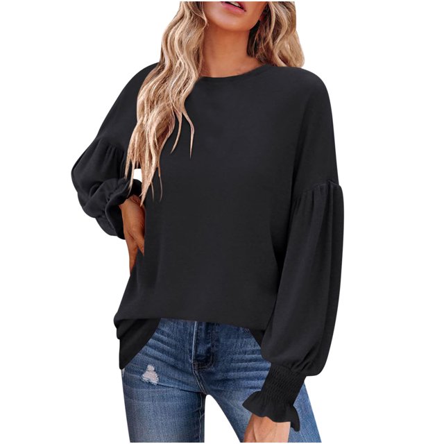 XZNGL Chemises à Manches Longues pour Femmes pour l'Automne Tuniques de Mode pour Femmes pour Porter avec des Leggings Col Rond Manches Lanterne Chemises à Manches Longues Chandails Décontractés d'Automne Blouse T-Shirts Tuniques pour Femmes à Manches Longues