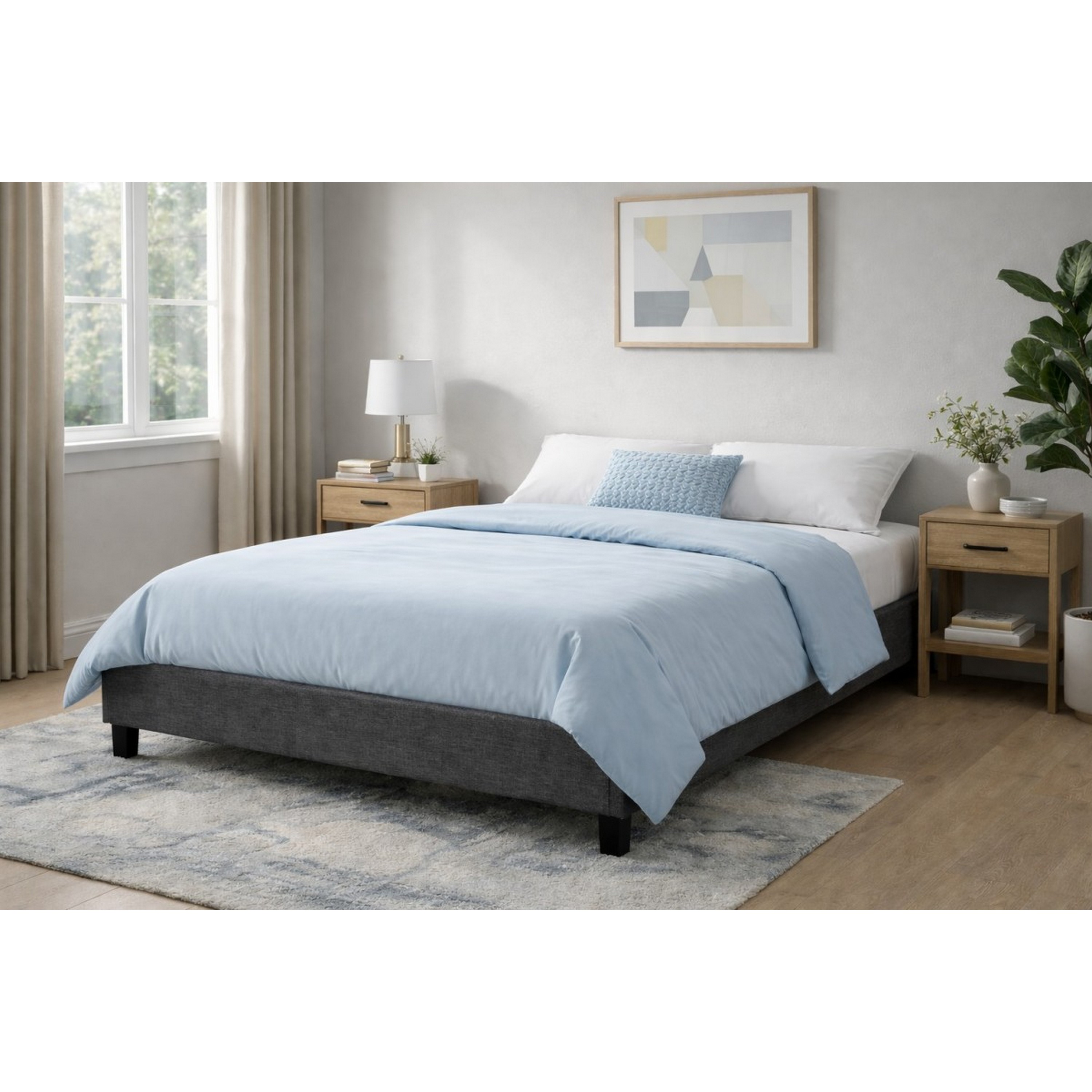 Brassex Soho Lit plateforme double rembourré pour chambre avec lattes courbées, sans sommier requis et tissu polyester, gris