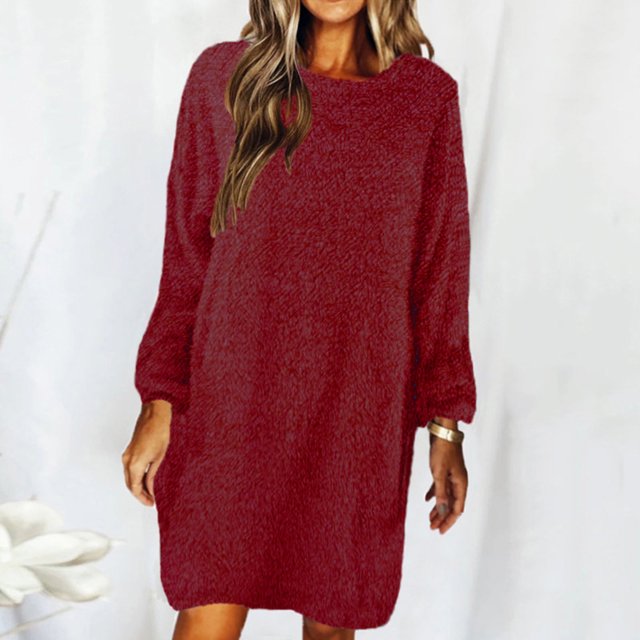 XZNGL Robe à Manches Longues Femme Automne et Hiver Femme Décontractée Unie à Manches Longues Ample Col Rond Chandail Duveteux Robe Chandail Robe à Manches Longues pour Femmes Longue Robe Chandail pour Femmes