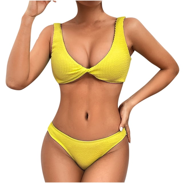 Penkiiy Women Triangle Halter Thong Bikini Set Ruffle Sexy String Two Piece Swimsuit Bathing Swimwear S Yellow