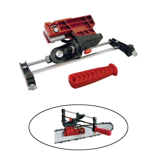 LASER de Luxe Aiguiseur de Tronçonneuses avec Guide-Lime Rouge, Pince Noire Ajustable sur rails Métalliques, et Poignée Ergonomique Rouge, Montré Détaché et Monté sur une Barre de Tronçonneuse pour un Aiguisage Manuel Précis de Divers Pas de Chaîne.