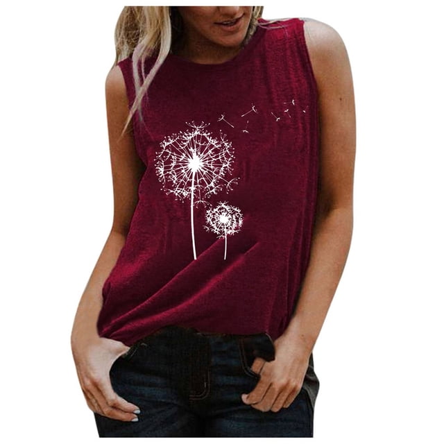 VEKDONE Camisoles d'Été Sans Manches pour Femmes à Imprimé Pissenlit, Coupe Ample, Col Ras du Cou, Débardeurs de Détente, Mode, Plein Air, Plage, Bourgogne, Très Grand