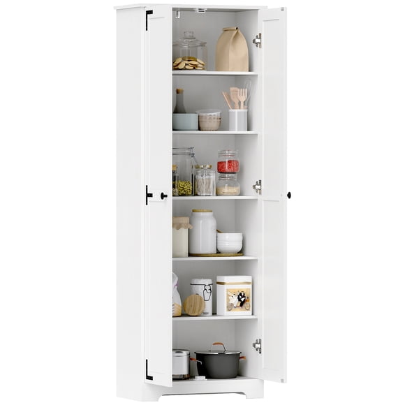 HOMCOM 67" Farmhouse Pantry Cabinet, Tall Storage Cabinet, Distressed White
