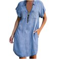 thumbnail image 1 of CEHVOM Robe pour Femme Mode à Manches Courtes Ajustée en Denim Couleur Unie Robe à Fermeture Éclair, 1 of 5