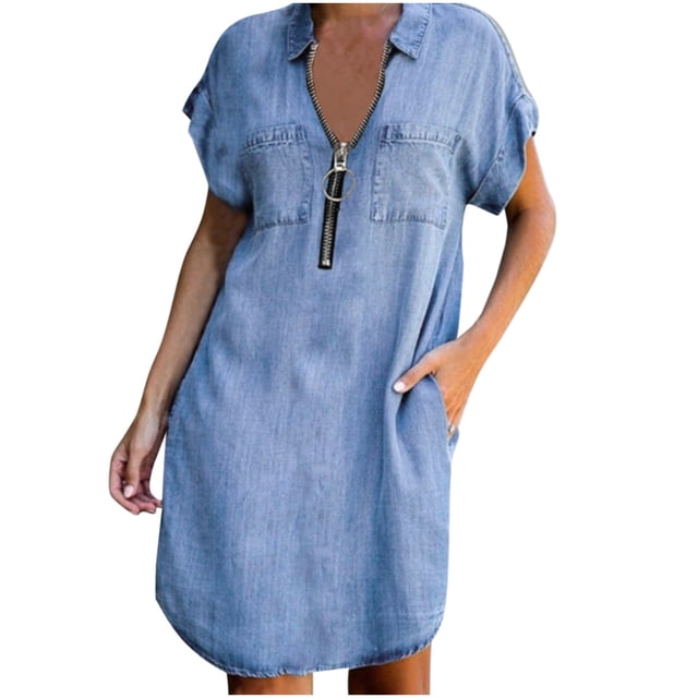 CEHVOM Robe pour Femme Mode à Manches Courtes Ajustée en Denim Couleur Unie Robe à Fermeture Éclair