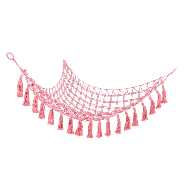 Stuffed Animal Storage Net, Easy To Install Space Saving Tassel Toys Storage Hammock For Bedroom Dark Pink