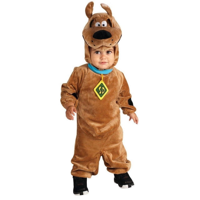 Scooby Doo Plush Toddler Costume includes a soft brown polyester romper with elastic wrists and ankles, an attached blue collar with a yellow and green SD tag, and a separate Scooby Doo headpiece with ears and eyes, shown front-facing on a white background, suitable for toddler Halloween dress-up.
