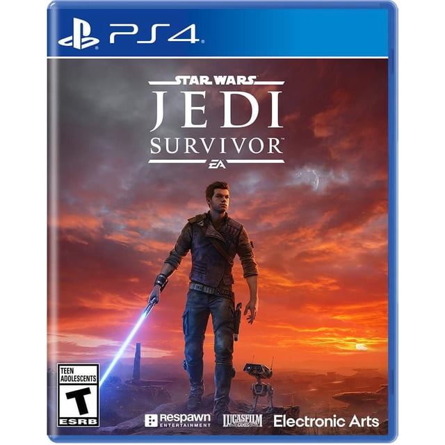 STAR WARS JEDI: SURVIVOR (PLAYSTATION 4) game cover showing a male Jedi in dark tactical clothing holding a blue lightsaber, standing beside a small droid on rocky alien terrain under an orange and purple sunset sky, representing the action-adventure gameplay in the Star Wars galaxy.