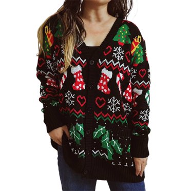 TJAZFJPA Pull Bleu Marine pour Femmes Mode Décontractée Manches Longues Col en V Simple Thème de Noël Cardigan Imprimés de Noël Pull Manteau Pull d'Automne pour Ados