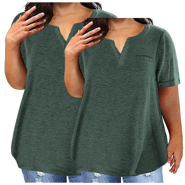 Plebaso 2 Pack Hauts Grande Taille pour Femmes Col en V Manches Courtes Tee Tops Blouses Décontractées Confortables pour Femmes
