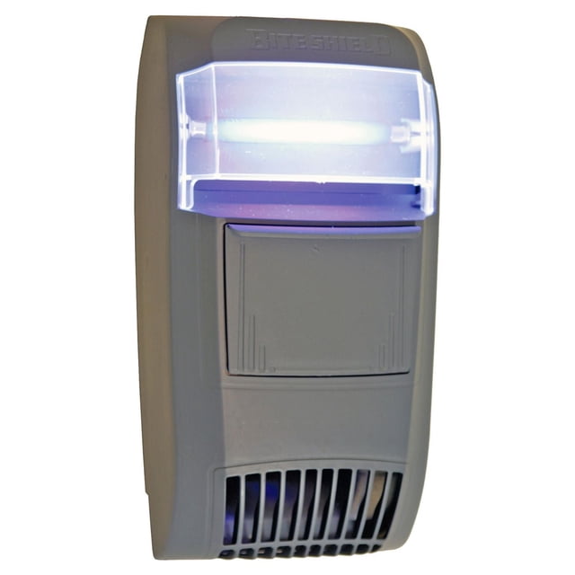 Bite Shield™ Electronic Wall-Mount Flying Insect Trap in grey with a front-facing rectangular design, featuring a glowing UV light behind a translucent cover at the top, a central removable catch tray door, and a vented lower section housing a vacuum fan for effective indoor and outdoor mosquito and flying insect control.