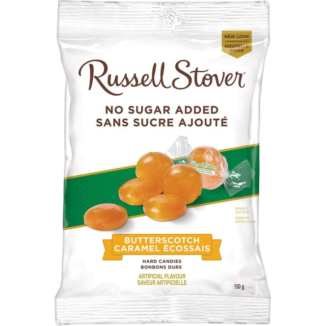 Russell Stover No Sugar Added Butterscotch Hard Candy 150-gram bag with round amber-colored hard candies, some individually wrapped, featuring artificial flavour text in English and French on white and green packaging, ideal for sugar-conscious snackers.