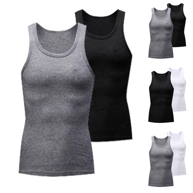 TIMIFIS Mens Tank Top Casual Basic Workout Sleeveless Undershirt Summer Solid Color Crew Neck Athletic Muscle A-Shirt, 2 Pack