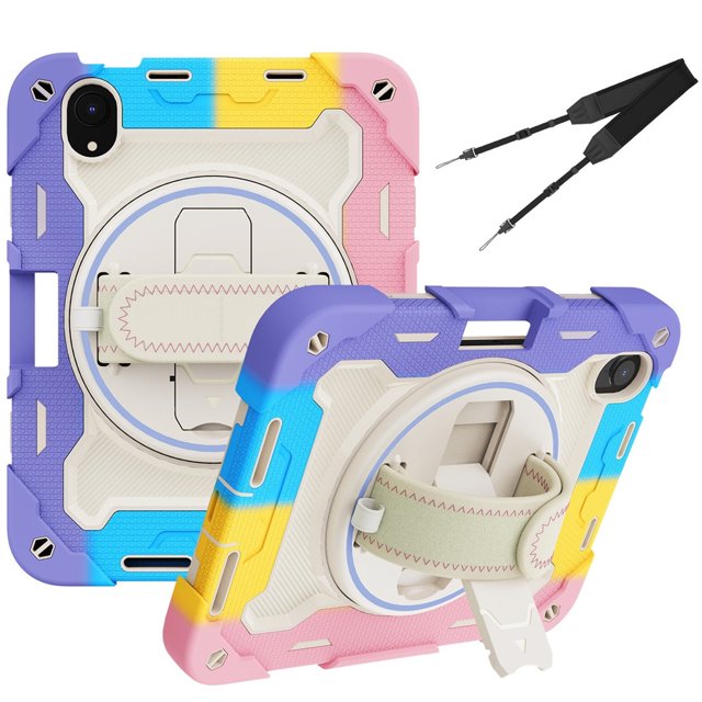 XYX 3in1 Rotating Stand Case for iPad Mini 7 A17 Pro 2024/iPad Mini 6 2021 8.3 inch with Hand/Shoulder Strap, Shockproof Rugged, Colorful Pink