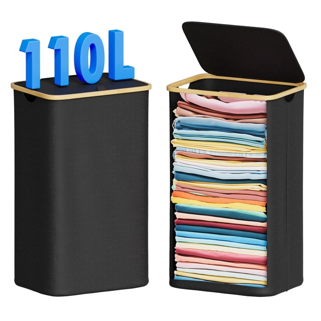 Tooloton 110L Large Laundry Hamper in black fabric with bamboo accents, featuring a foldable design and lid. The hamper is shown in two views: one closed with a 110L capacity label and one open, displaying neatly folded clothes inside. Ideal for laundry storage and organization, it measures 17-1/2 x 13-1/4 x 29 inches and includes sturdy detachable rods for stability.