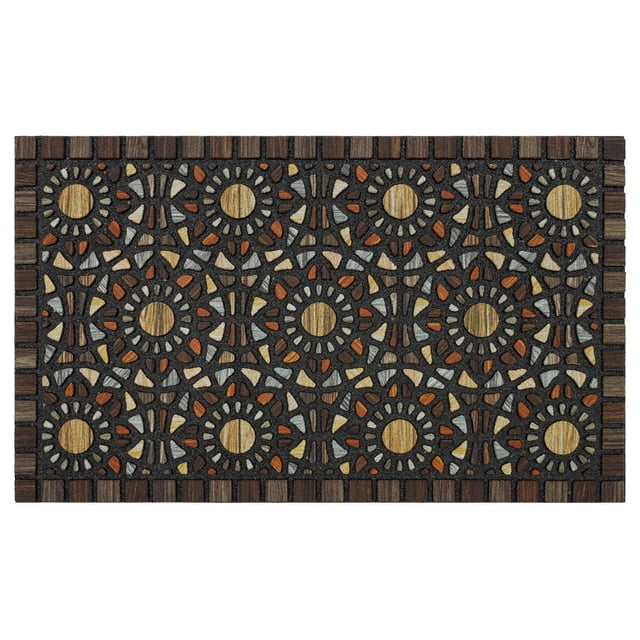 Mainstays Mosaic Grain Tapis d'Entrée en Polyester, 18 Pouces x 30 Pouces, Rectangulaire avec un Motif Mosaïque de Formes Circulaires et Géométriques dans des Tons Brun, Beige, orange et Gris, Présentant une face en Polyester Résistante aux Taches et un Endos en Caoutchouc Recyclé, Idéal pour les Entrées Intérieures Ou Extérieures et Convient aux patios Ou aux garages.