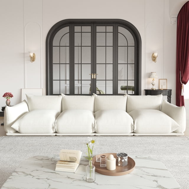 The Magic Home Canapé Sectionnel Modulaire en Chenille en Forme de L pour Plancher, 4 Places, Beige