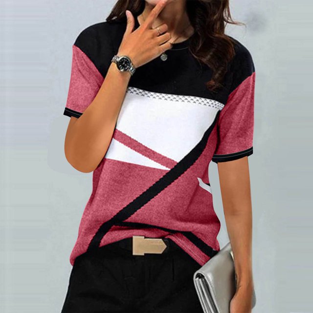 Babysbule T-Shirts à Manches Courtes pour Femmes T-shirt Décontracté pour Femmes à Imprimé Géométrique Blouse d'Été pour Dames Col Rond Hauts Décontractés
