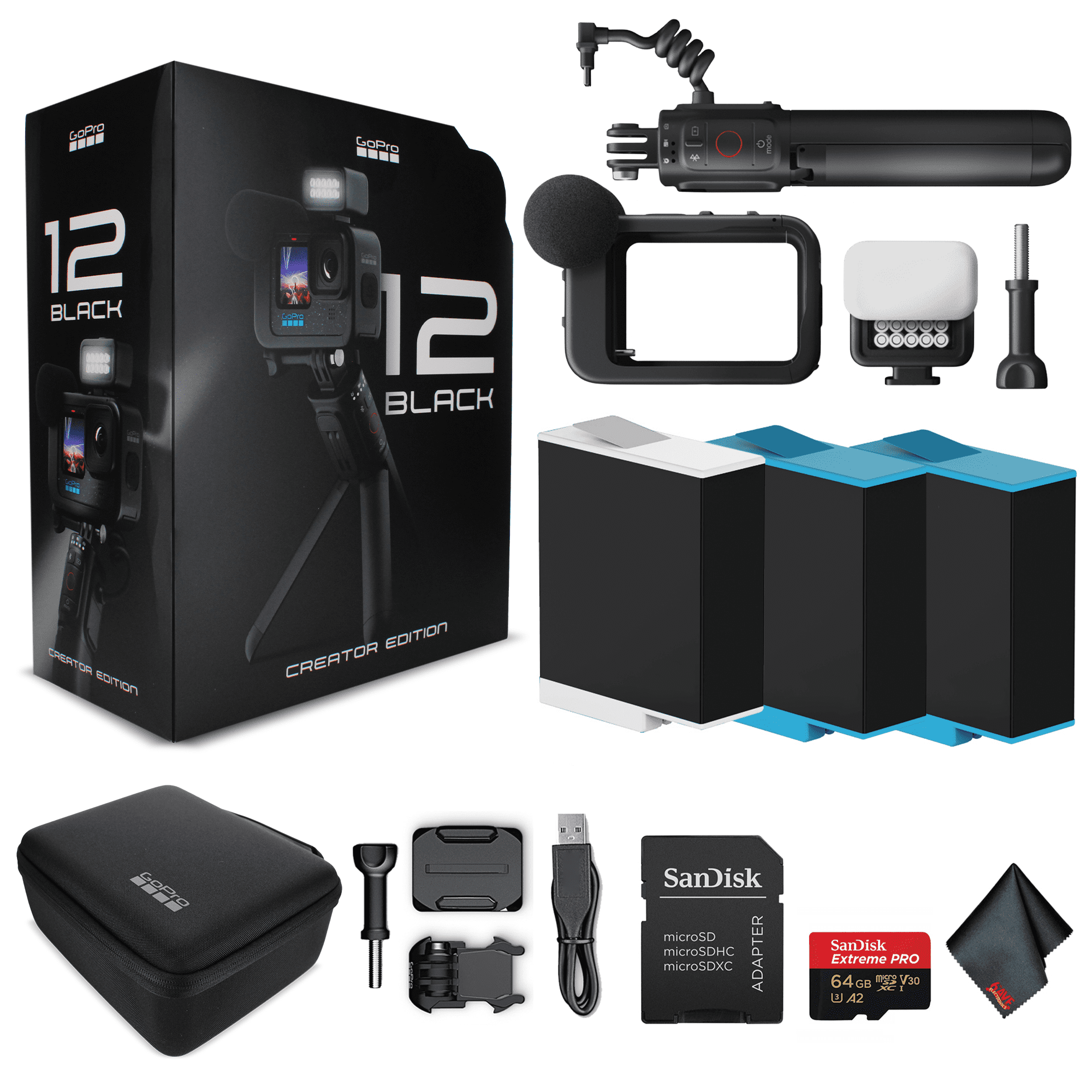 GoPro HERO 12 Creator Edition - with Volta (Battery Grip, Tripod, Remote), Media Mod, Light Mod, Enduro Battery - Waterproof Action Camera + 64GB Extreme Pro Card and 2 Extra Batteries