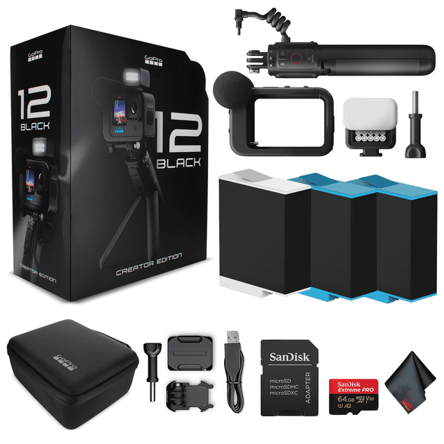 GoPro HERO 12 Creator Edition - with Volta (Battery Grip, Tripod, Remote), Media Mod, Light Mod, Enduro Battery - Waterproof Action Camera + 64GB Extreme Pro Card and 2 Extra Batteries