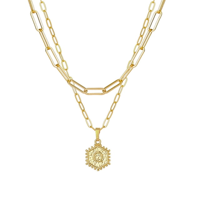 PVCS Collier Chaîne Plaqué Or pour Femmes Pendentif Lettre Hexagonale Collier Superposé