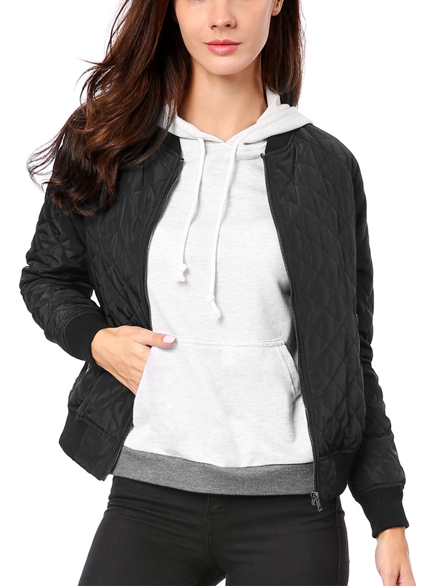INSPIRE CHIC Women's Stand Collar Zip Up Raglan Sleeves Bomber Quilted Jacket S Black