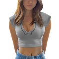 thumbnail image 1 of Womens V Neck Short Sleeve Racer Back Tank Tops Halter Neck Crop Top, 1 of 6