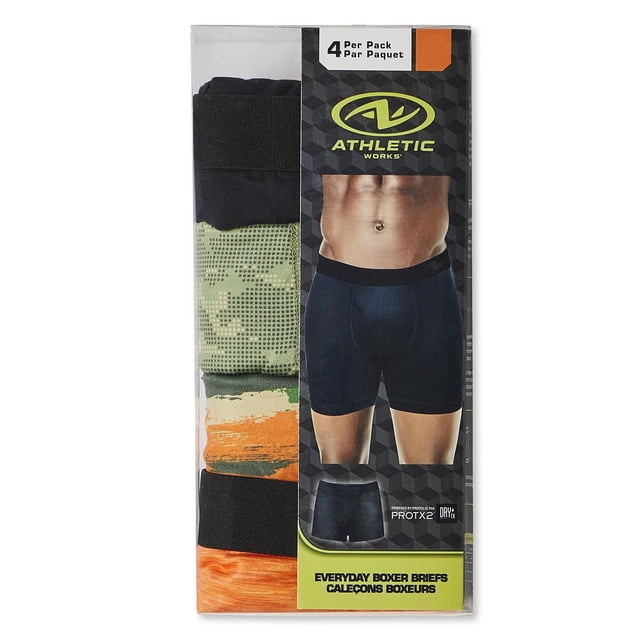 Athletic Works Men's Everyday Stretch Boxer Briefs 4-Pack with four assorted boxer briefs in black, green camouflage, orange camouflage, and solid orange, shown in packaging featuring a male torso wearing black boxer briefs, made with moisture-wicking PROTX2 fabric and an elasticized waistband for breathability and comfort.