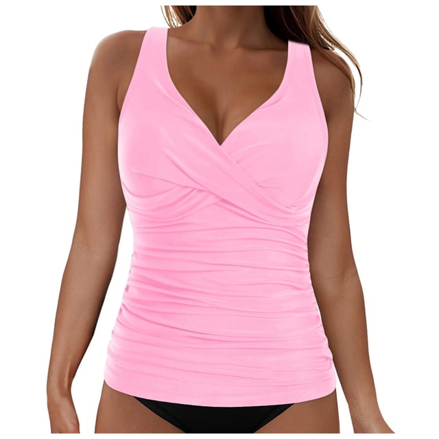 NIEWTR V-Neck Tankini Tops For Women Backless Adjusting Strap Bathing Suits Tummy Control Push Up Swimsuit Top(Pink,L)