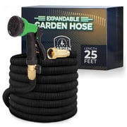 Toytexx 25FT Expandable Garden Hose with 8-Function Nozzle, Brass Fittings, Anti-Kink, 3/4", Black
