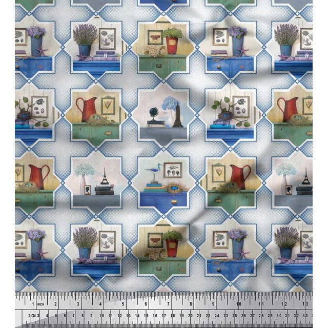 Soimoi Georgette Viscose Fabric Frame,Jug & Flower Pot Patchwork Print Fabric by The Yard 42 Inch Wide