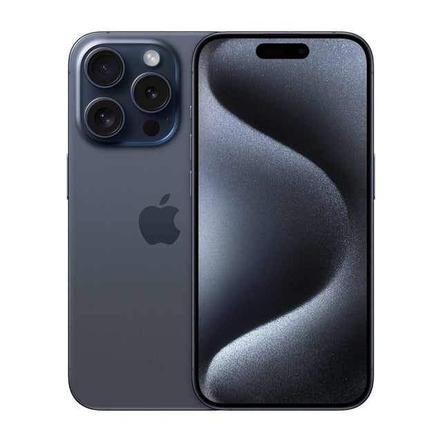 Restored Apple iPhone 15 Pro Fully Unlocked Blue Titanium 128GB in excellent certified refurbished condition. Features a 6.1-inch LTPO Super Retina XDR OLED display with 120Hz refresh rate, Ceramic Shield glass, and Always-On display. Powered by the A17 Pro chip and running iOS 17, it includes a triple rear camera system with 48 MP wide, 12 MP ultrawide, and 12 MP telephoto lenses, along with a 12 MP front camera. Includes USB Type-C 3.2 Gen 2 port. Shown in a sleek blue titanium finish with front and back views.