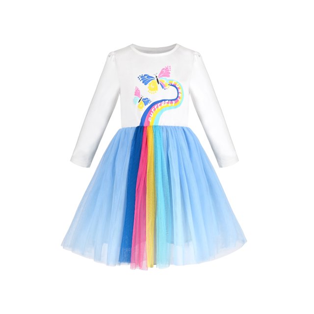 Robe Fille Bleu Arc-en-Ciel Papillon Plissée Tulle Décontractée Manches Longues 5 Ans