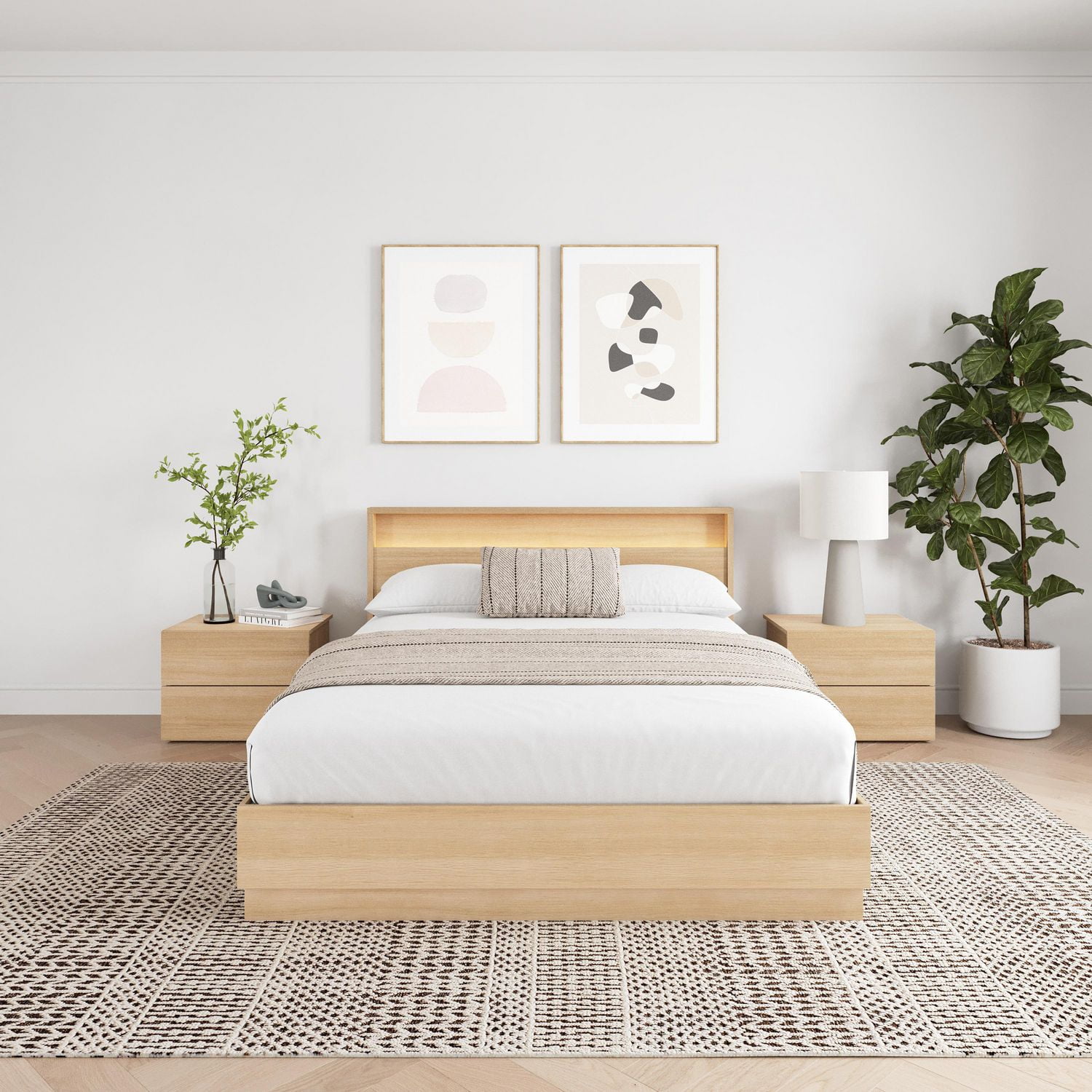 Chambre à coucher Hudson 4 pièces avec sommier à lattes, tête de lit avec éclairage intégré et 2 tables de chevet