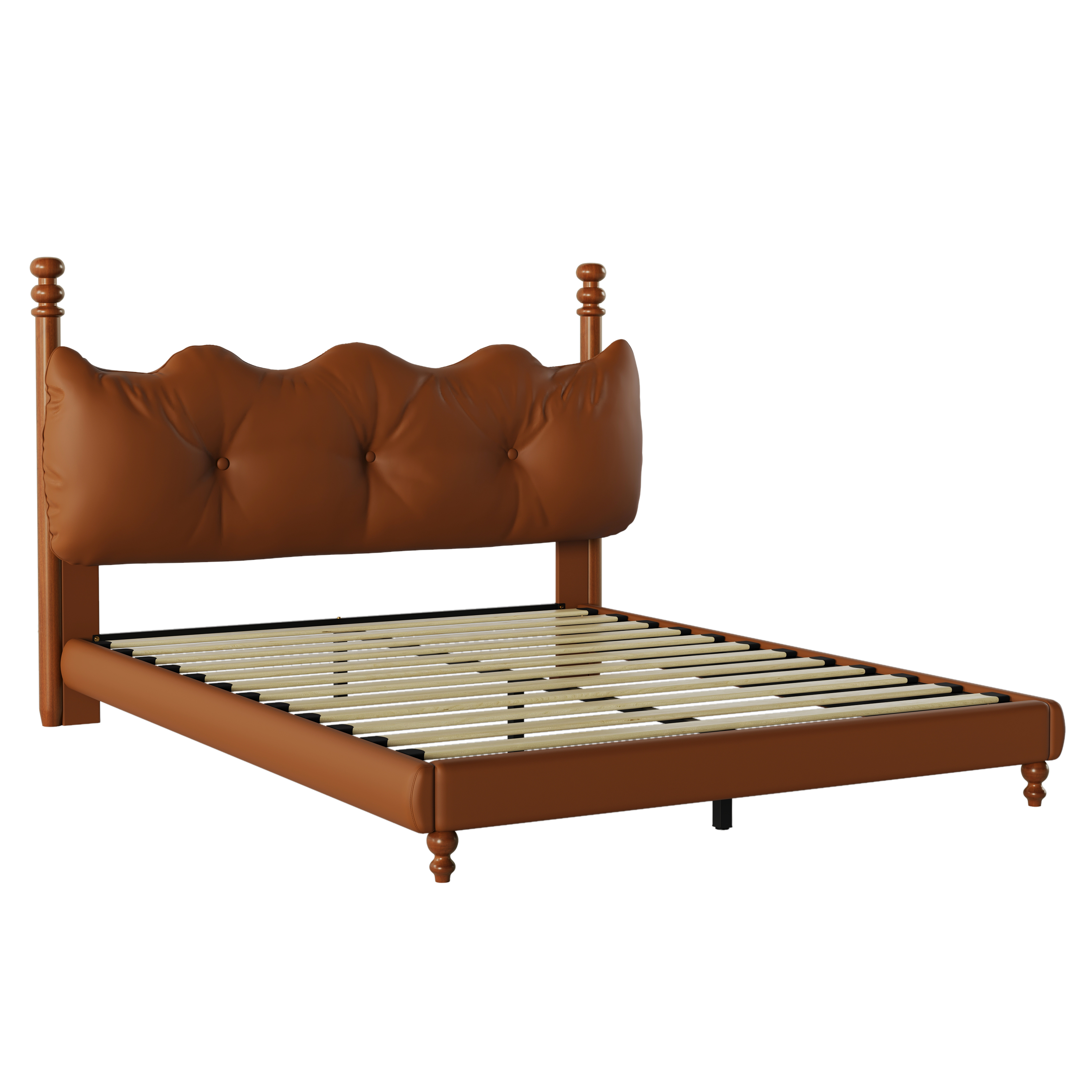 Noble House Lit Plateforme Grand Rembourré avec Tête de Lit, Cadre de Lit en Cuir PU avec Poteaux en Bois, Brun