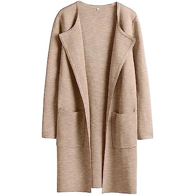 ANRABESS Women's Open Front Knit Cardigan featuring a long sleeve design, lapel collar, and solid beige colour. This casual yet classy sweater jacket includes two front pockets and a relaxed fit, ideal for layering in cooler weather.