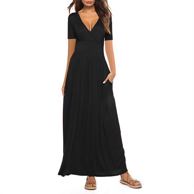 Nouvelle Robe Maxi Décontractée à Manches Courtes et Col en V pour Femmes