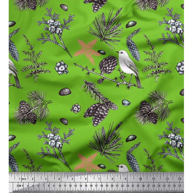 Soimoi Green polyester Georgette Fabric Floral, & American Robin Bird Print Fabric by Yard 42 Inch Wide