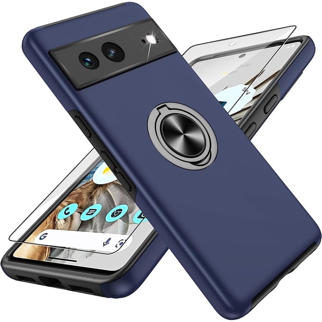 KOMI Pixel 7 Case, Google Pixel 7 Case with HD Screen Protector, Shockproof Google Pixel 7 Phone Case with 360° Magnetic Ring Holder Kickstand Phone Case for Google Pixel 7 Blue