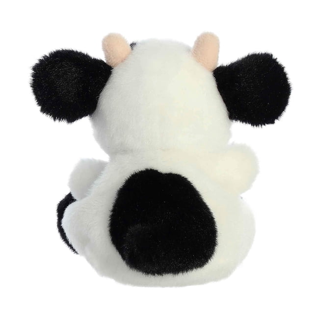Aurora Palm Pals 5-inch Sweetie Cow stuffed animal plush toy with a soft white body, black spots, black ears, and small beige horns. Compact and ideal for cuddling, gifting, or collecting.