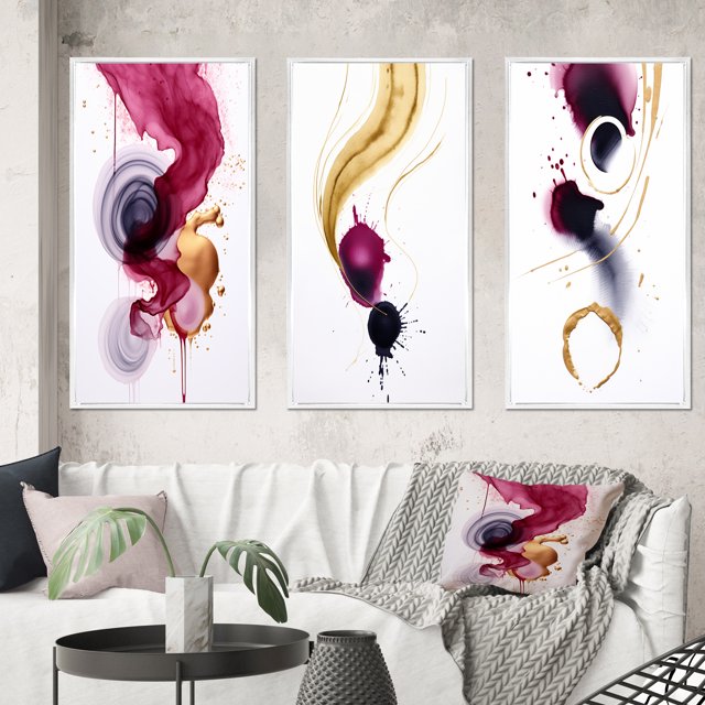Designart "Fluidity Exquisite Magenta Ink Clouds V" Abstract Painting Framed Wall Art Set Of 3 - Gold Modern Frame Gallery Wall Set For Home Decor