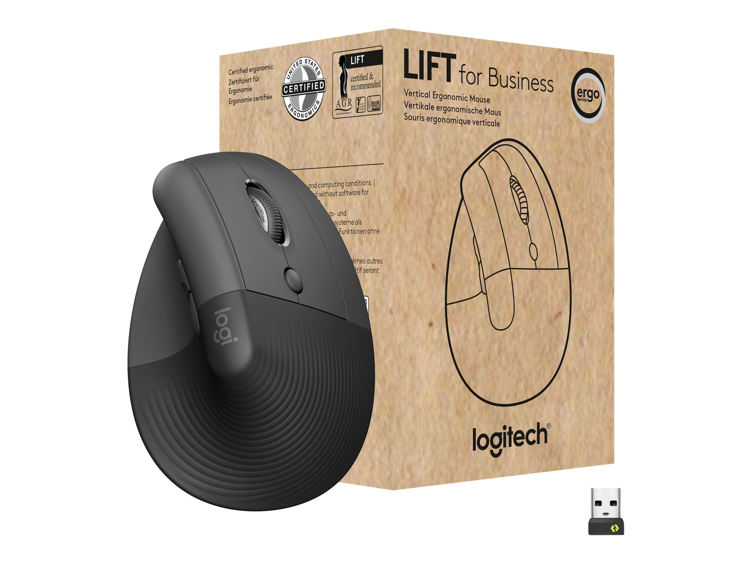 Logitech Lift for Business - Vertical mouse - ergonomic - 6 buttons - wireless - 2.4 GHz, Bluetooth - Logitech Logi Bolt USB receiver - graphite