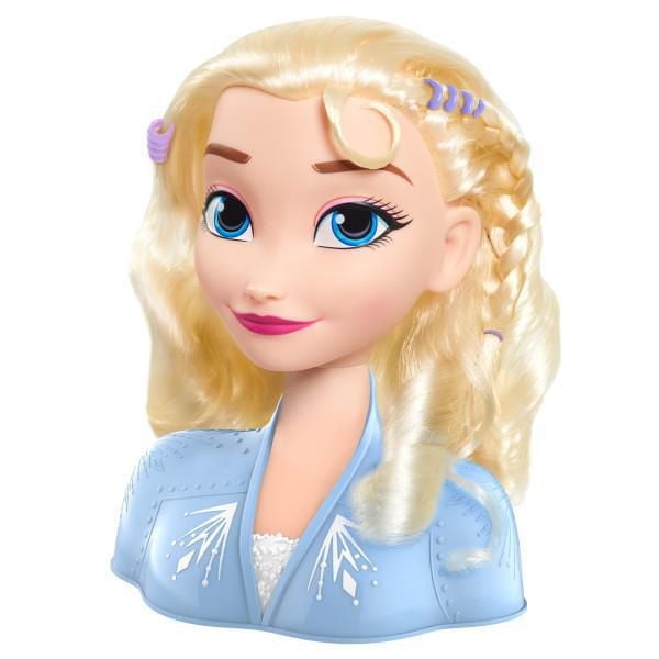 Disney’s Frozen 2 Elsa Styling Head (14-pieces) with long blonde hair styled in a braid and loose curls, wearing a light blue jacket with white snowflake patterns, and accessorized with purple hair spirals and clips for creative hair styling.